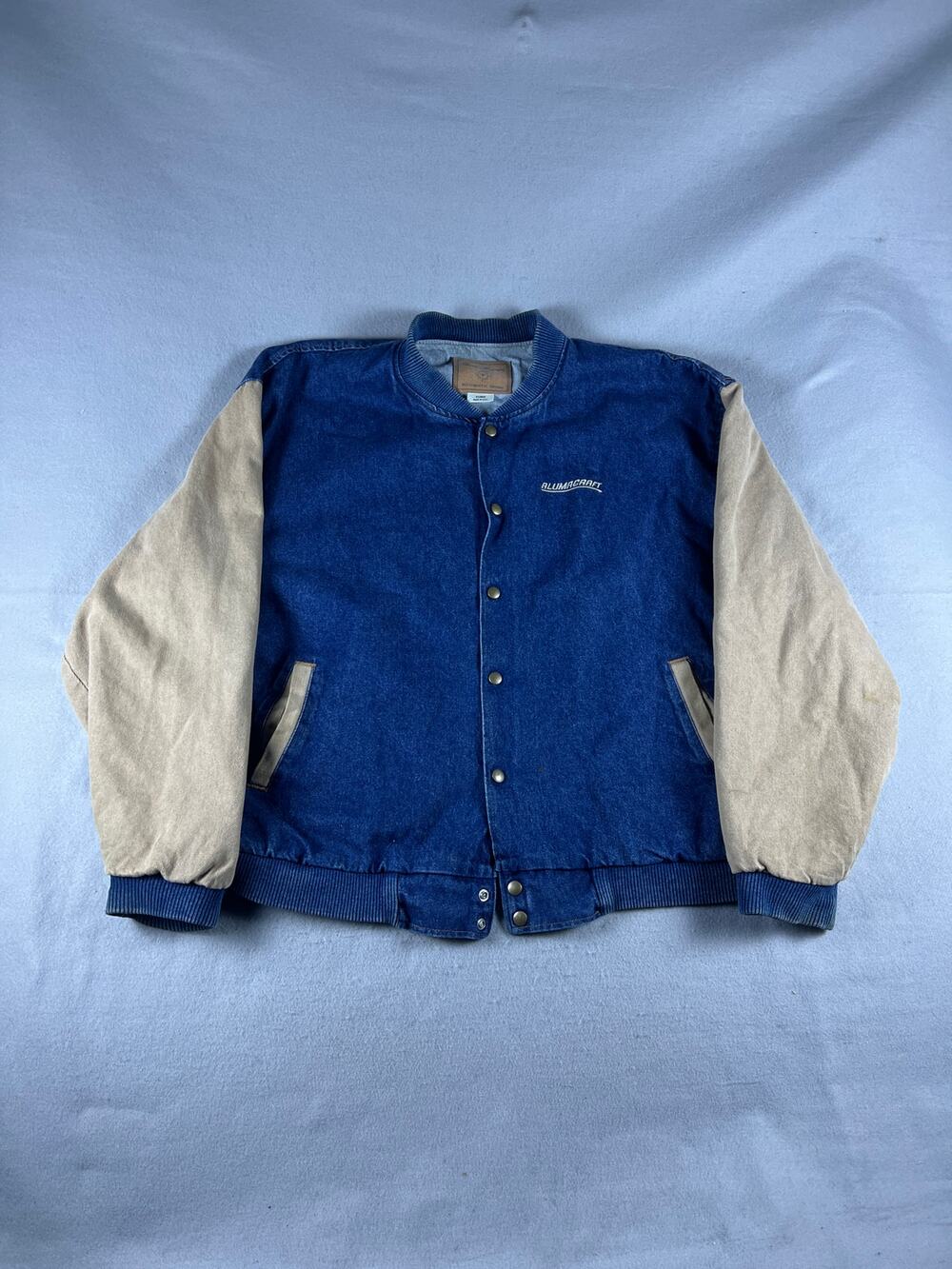 Vintage Three Rivers Varsity Jacket Mens XL Blue Tan Alumacraft Denim Bomber USA